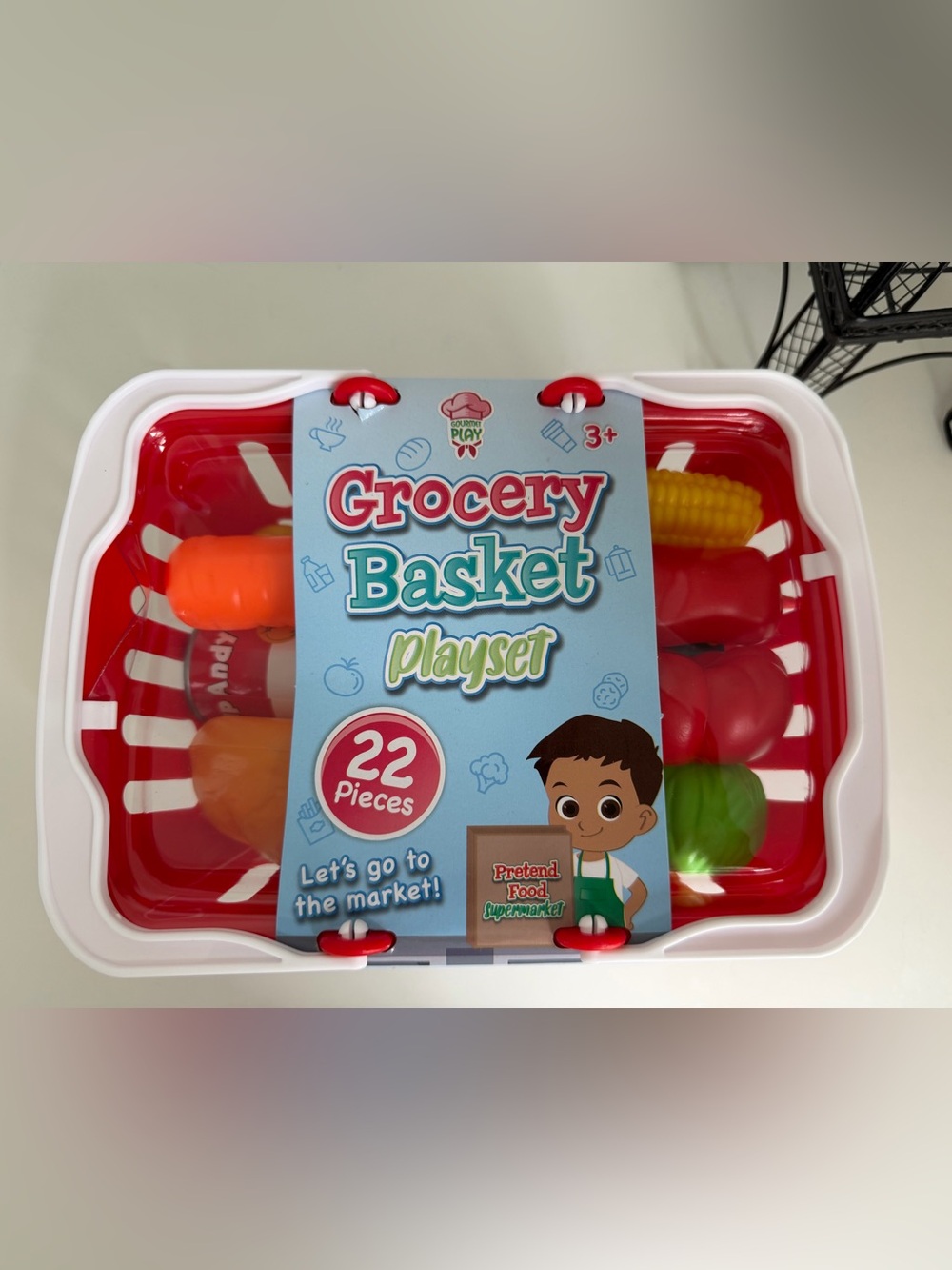 Grocery Basket Playset Toy - Red and White Pretend Food Set